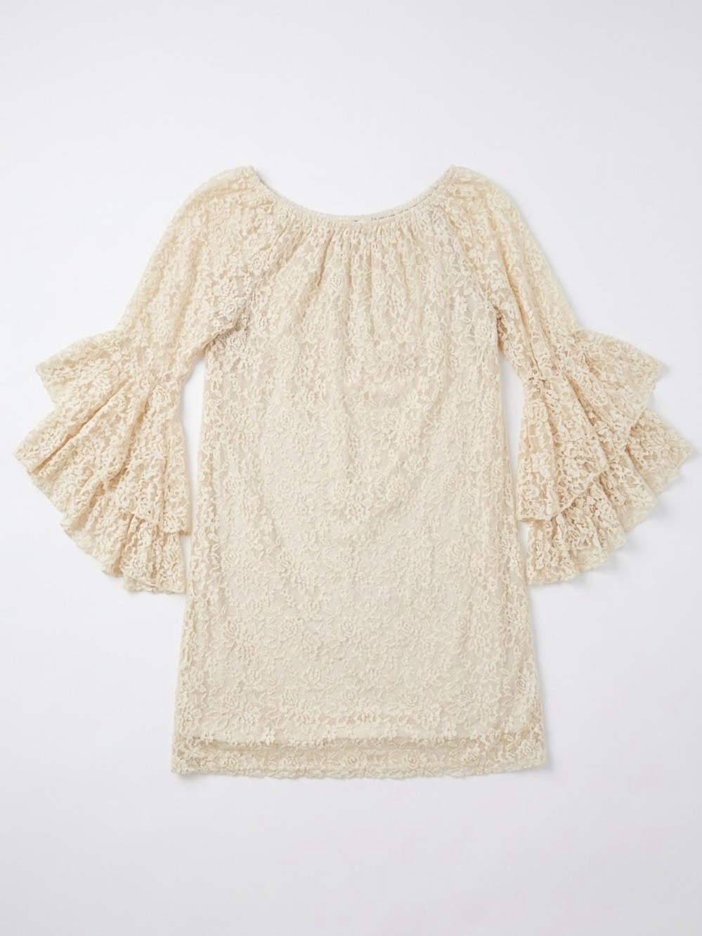 Velzera Cream Lace Mini Dress with Tiered Bell Sleeves